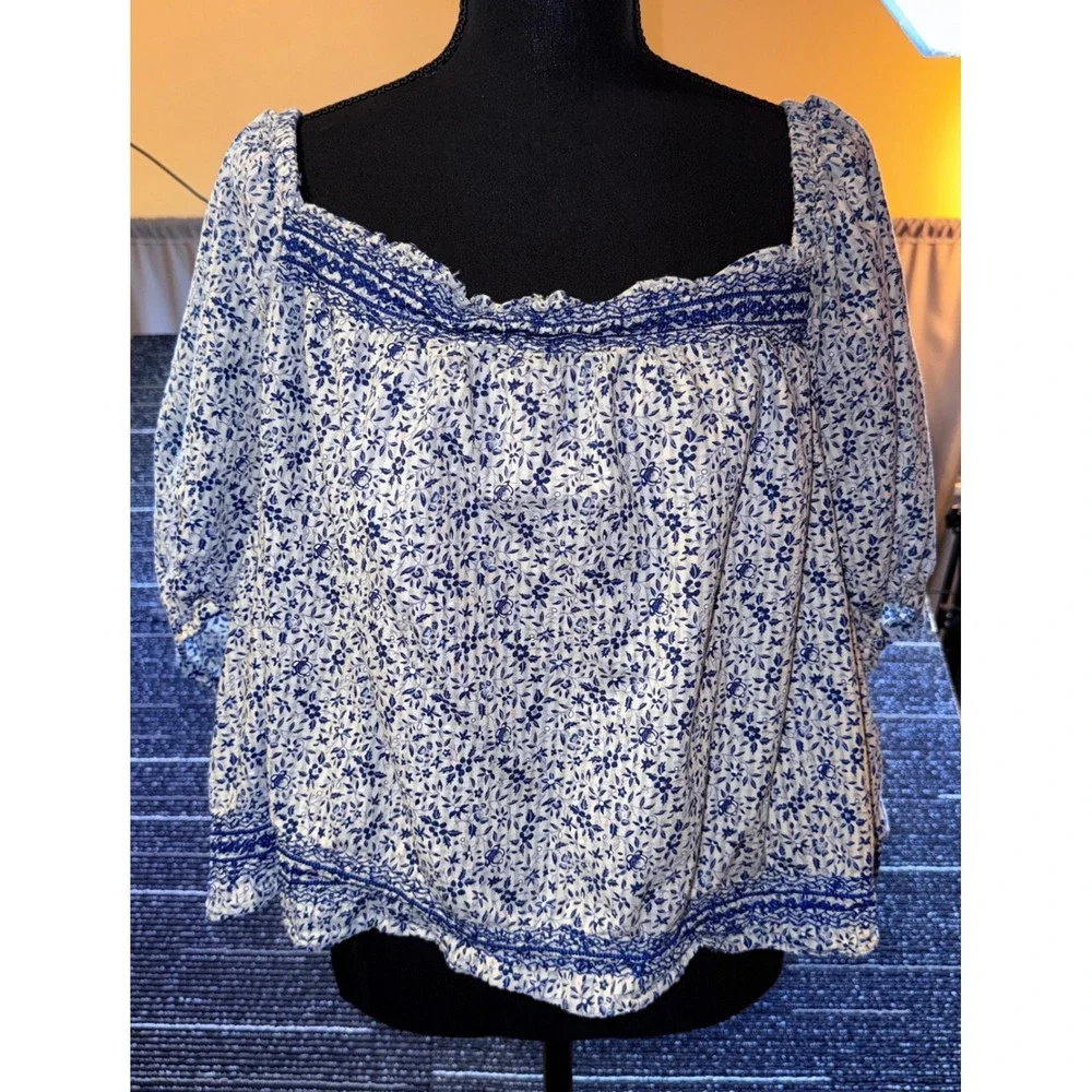 Madewell Blouse Women 4X Excellent BlueWhite Floral Smocked Embroider Cotton Top
